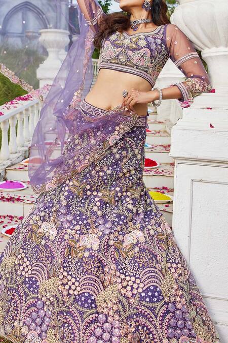 Samyukta Singhania_Purple Net Sequins, Embroidery Round Neck Lehenga Set_at_Aza_Fashions