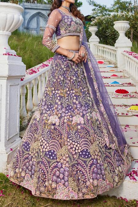 Buy_Samyukta Singhania_Purple Net Sequins, Embroidery Round Neck Lehenga Set