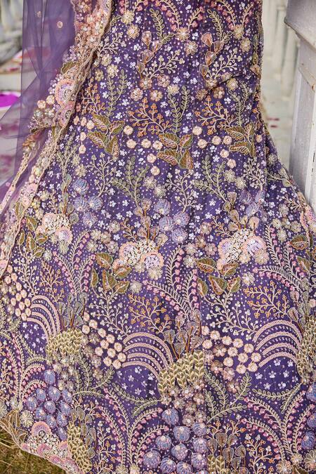 Shop_Samyukta Singhania_Purple Net Sequins, Embroidery Round Neck Lehenga Set