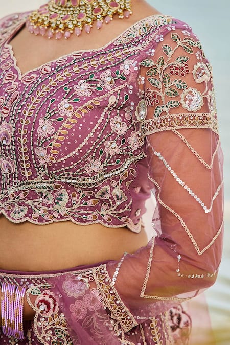 Samyukta Singhania_Lavender Net Sequins, Embroidery V-neck Lehenga Set _Online_at_Aza_Fashions