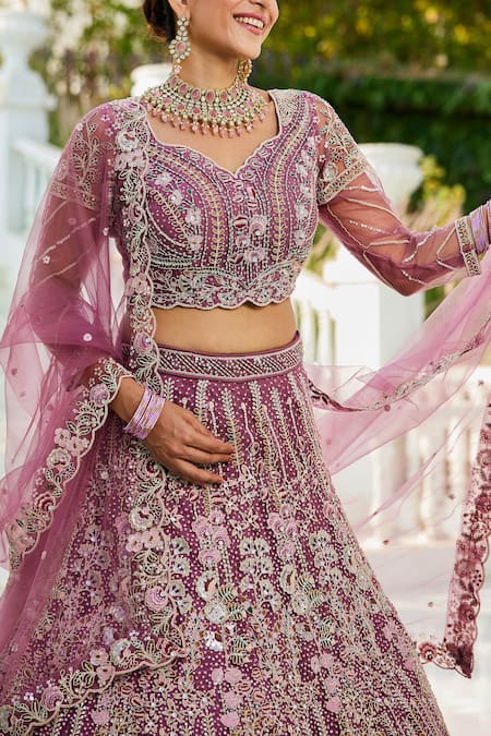 Buy_Samyukta Singhania_Lavender Net Sequins, Embroidery V-neck Lehenga Set _Online_at_Aza_Fashions
