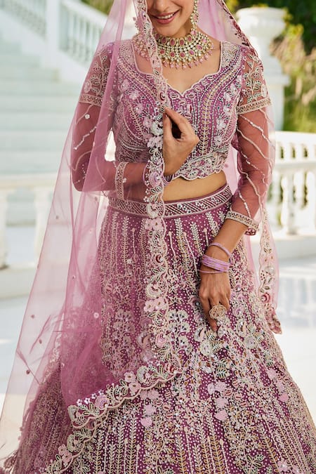 Shop_Samyukta Singhania_Lavender Net Sequins, Embroidery V-neck Lehenga Set _Online_at_Aza_Fashions