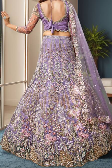 Shop_Samyukta Singhania_Mauve Net Sequins, Embroidery Lehenga Set_Online_at_Aza_Fashions