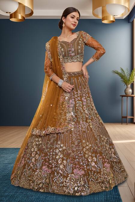 Samyukta Singhania_Mustard Net Sequins, Embroidery Lehenga Set_Online_at_Aza_Fashions