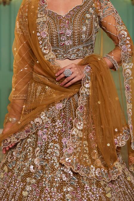Buy_Samyukta Singhania_Mustard Net Sequins, Embroidery Lehenga Set_Online_at_Aza_Fashions