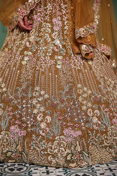 Shop_Samyukta Singhania_Mustard Net Sequins, Embroidery Lehenga Set_Online_at_Aza_Fashions