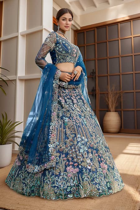 Buy_Samyukta Singhania_Navy Net Embroidery, Sequins Blue Lehenga Set_Online_at_Aza_Fashions