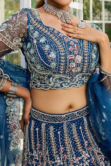 Samyukta Singhania_Navy Net Embroidery, Sequins Blue Lehenga Set_at_Aza_Fashions