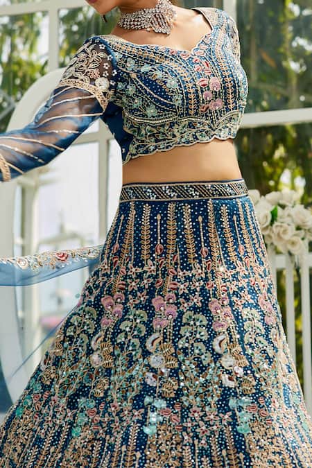 Buy_Samyukta Singhania_Navy Net Embroidery, Sequins Blue Lehenga Set
