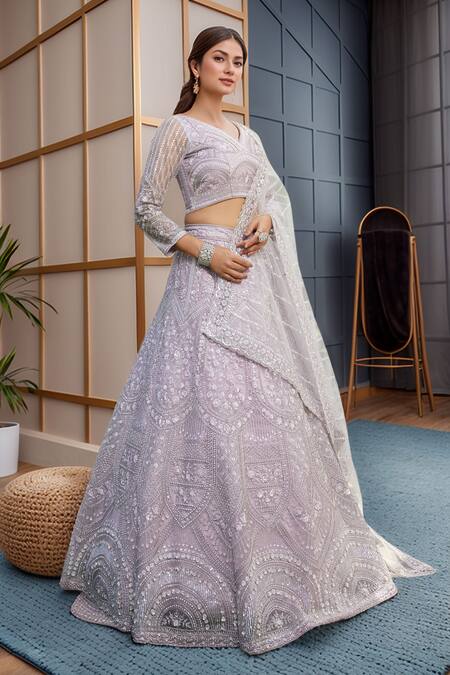 Buy_Samyukta Singhania_Lavender Net Sequins, Beads, Embroidery V-neck Embellished Lehenga Set_Online_at_Aza_Fashions