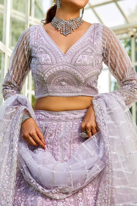 Shop_Samyukta Singhania_Lavender Net Sequins, Beads, Embroidery V-neck Embellished Lehenga Set_Online_at_Aza_Fashions