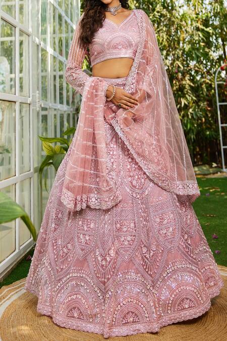 Samyukta Singhania_Pink Net Sequins, Embroidery V-neck Lehenga Set_Online_at_Aza_Fashions