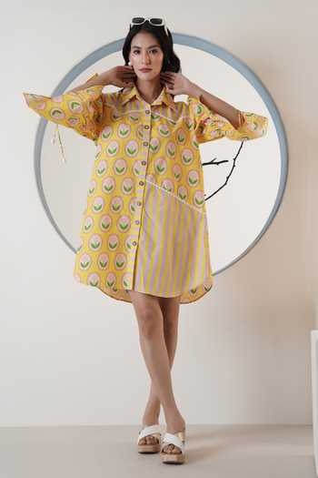 Surabhi Arya_Yellow Poplin Collared Printed Short Dress _Online_at_Aza_Fashions
