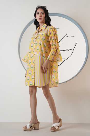 Shop_Surabhi Arya_Yellow Poplin Collared Printed Short Dress _Online_at_Aza_Fashions