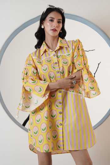 Buy_Surabhi Arya_Yellow Poplin Collared Printed Short Dress 