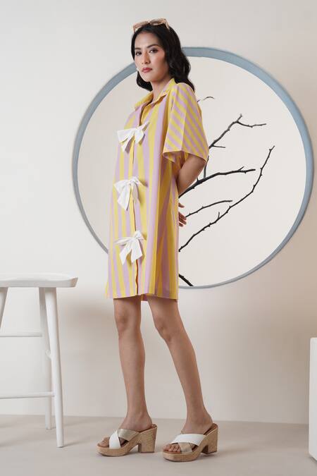 Surabhi Arya_Yellow Poplin Bows Collared And Purple Striped Short Dress _Online_at_Aza_Fashions