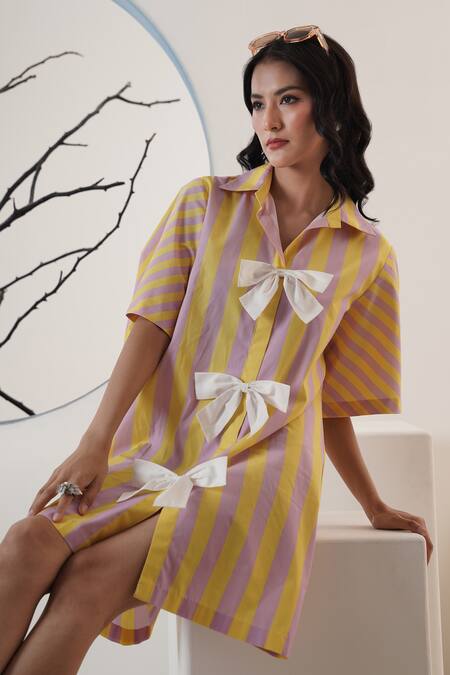 Buy_Surabhi Arya_Yellow Poplin Bows Collared And Purple Striped Short Dress _Online_at_Aza_Fashions