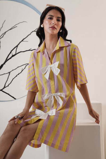 Shop_Surabhi Arya_Yellow Poplin Bows Collared And Purple Striped Short Dress _Online_at_Aza_Fashions