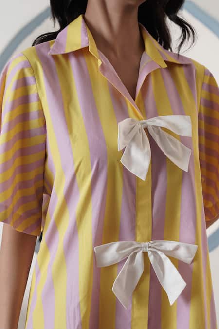 Surabhi Arya_Yellow Poplin Bows Collared And Purple Striped Short Dress _at_Aza_Fashions