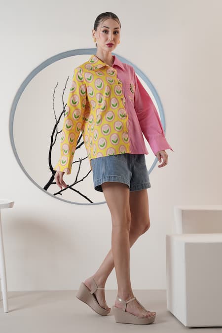 Shop_Surabhi Arya_Pink Poplin Embroidery Collared Color Block Hand Shirt _Online_at_Aza_Fashions