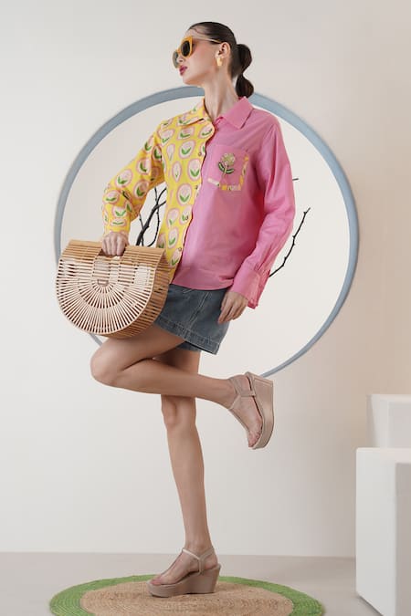 Surabhi Arya_Pink Poplin Embroidery Collared Color Block Hand Shirt _at_Aza_Fashions