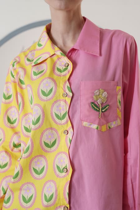 Buy_Surabhi Arya_Pink Poplin Embroidery Collared Color Block Hand Shirt 