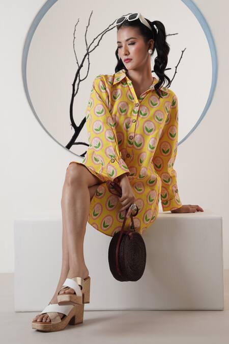 Shop_Surabhi Arya_Yellow Poplin Collared Floral Print Short Dress _Online_at_Aza_Fashions