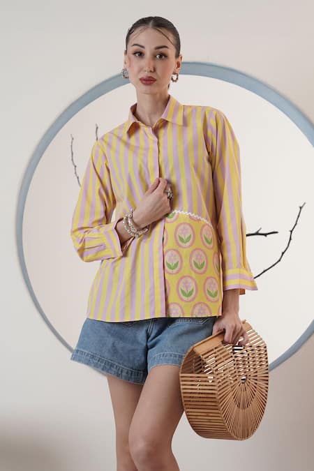 Surabhi Arya_Yellow Poplin Collared Striped Shirt _Online_at_Aza_Fashions