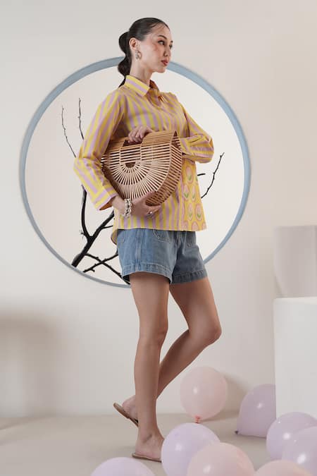 Shop_Surabhi Arya_Yellow Poplin Collared Striped Shirt _Online_at_Aza_Fashions