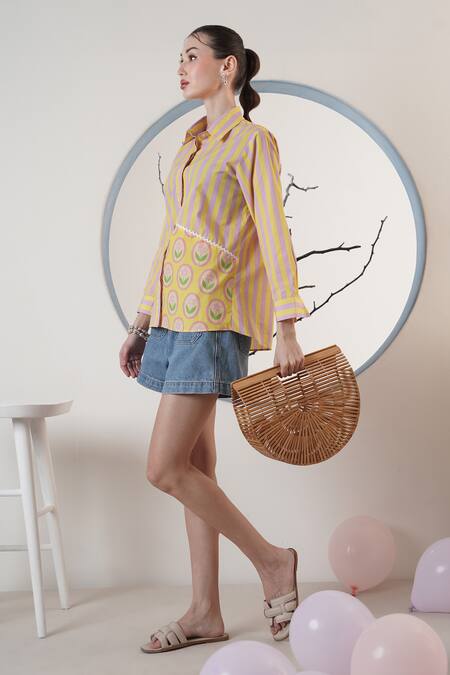 Buy_Surabhi Arya_Yellow Poplin Collared Striped Shirt 