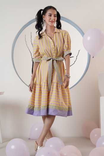 Buy_Surabhi Arya_Yellow Poplin Embroidery Collared Striped Midi Dress  _Online_at_Aza_Fashions