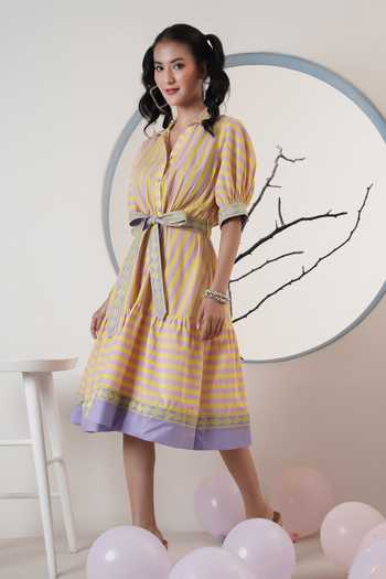 Shop_Surabhi Arya_Yellow Poplin Embroidery Collared Striped Midi Dress  _Online_at_Aza_Fashions