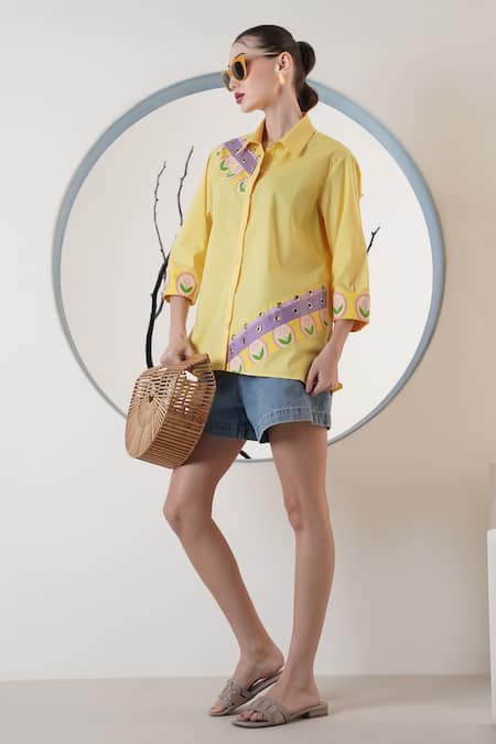 Surabhi Arya_Yellow Poplin Embroidery Collared Lemon Shirt _Online_at_Aza_Fashions