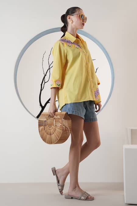 Buy_Surabhi Arya_Yellow Poplin Embroidery Collared Lemon Shirt _Online_at_Aza_Fashions