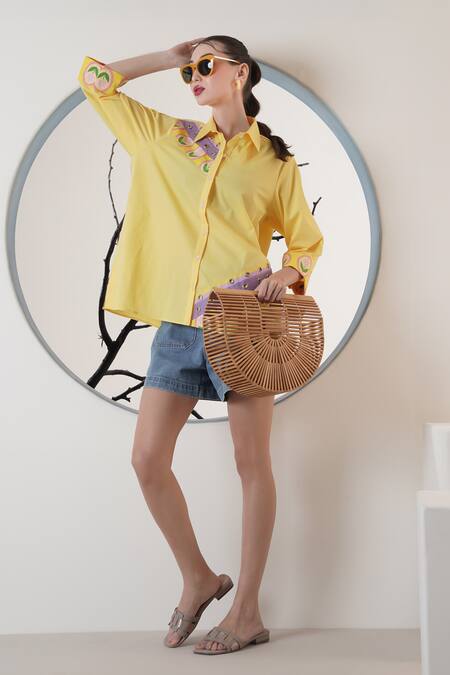 Shop_Surabhi Arya_Yellow Poplin Embroidery Collared Lemon Shirt _Online_at_Aza_Fashions