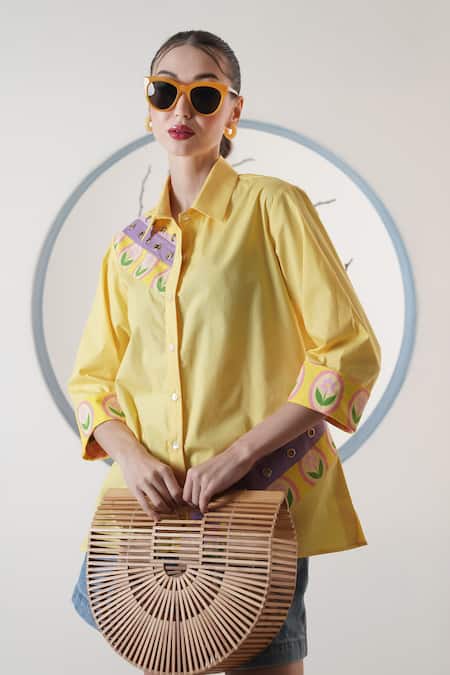 Surabhi Arya_Yellow Poplin Embroidery Collared Lemon Shirt _at_Aza_Fashions