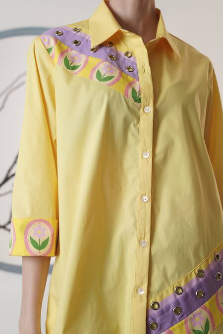 Buy_Surabhi Arya_Yellow Poplin Embroidery Collared Lemon Shirt 