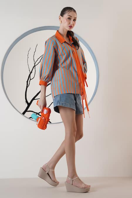 Buy_Surabhi Arya_Orange Poplin Collared Striped Shirt With Tie Detail _Online_at_Aza_Fashions
