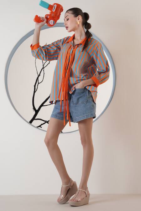 Shop_Surabhi Arya_Orange Poplin Collared Striped Shirt With Tie Detail _Online_at_Aza_Fashions