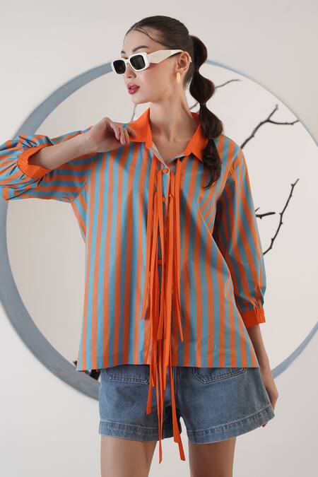 Surabhi Arya_Orange Poplin Collared Striped Shirt With Tie Detail _at_Aza_Fashions