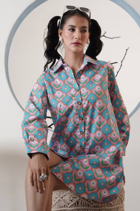 Shop_Surabhi Arya_Blue Poplin Collared Floral Print Shirt Dress _Online_at_Aza_Fashions