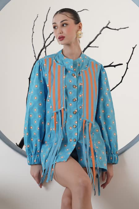 Shop_Surabhi Arya_Blue Poplin Round Neck Printed Shirt _Online_at_Aza_Fashions