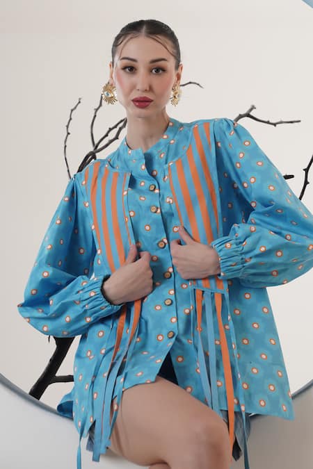 Surabhi Arya_Blue Poplin Round Neck Printed Shirt _at_Aza_Fashions