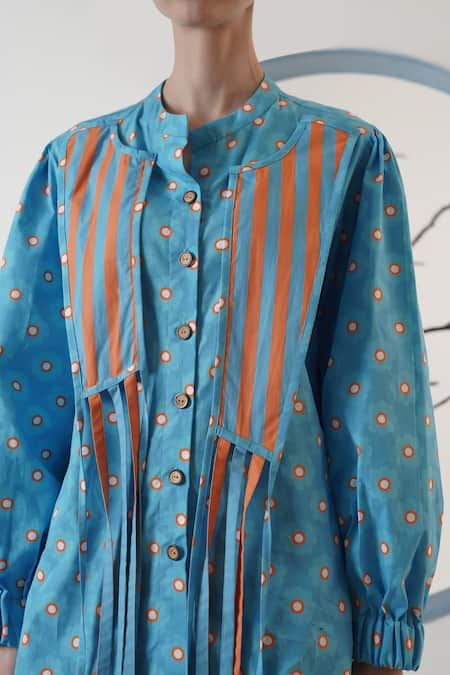 Buy_Surabhi Arya_Blue Poplin Round Neck Printed Shirt 