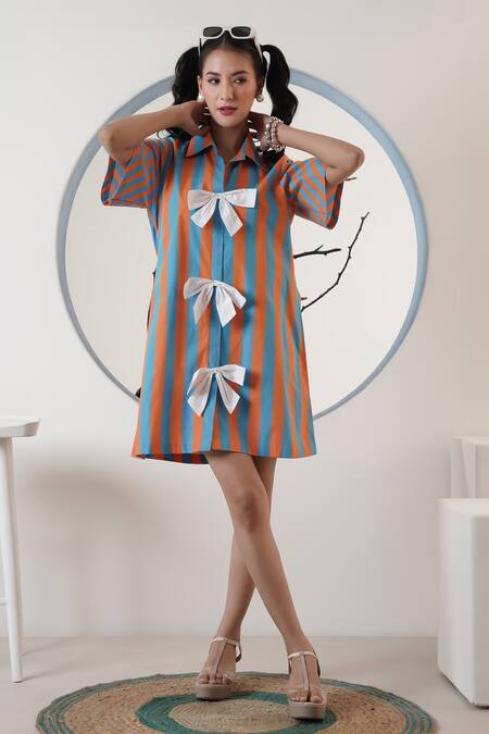 Surabhi Arya_Orange Poplin Bows Collared Striped Dress _Online_at_Aza_Fashions