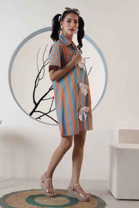 Buy_Surabhi Arya_Orange Poplin Bows Collared Striped Dress _Online_at_Aza_Fashions