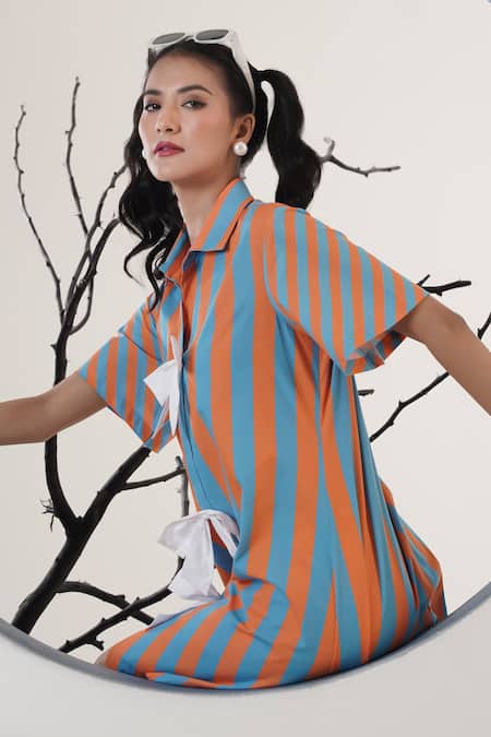 Shop_Surabhi Arya_Orange Poplin Bows Collared Striped Dress _Online_at_Aza_Fashions