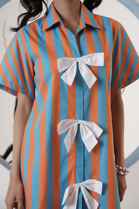 Surabhi Arya_Orange Poplin Bows Collared Striped Dress _at_Aza_Fashions