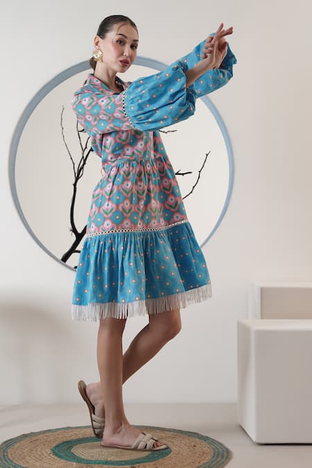 Buy_Surabhi Arya_Orange Poplin Fringe Collared Floral Print Dress _Online_at_Aza_Fashions