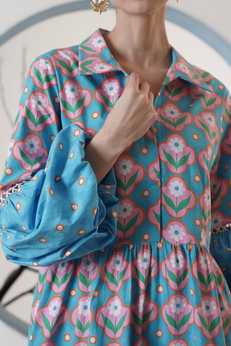 Shop_Surabhi Arya_Orange Poplin Fringe Collared Floral Print Dress _Online_at_Aza_Fashions